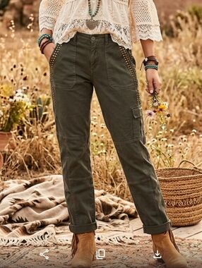 Sundance Studded Utility Cargo Pants Olive Green Cotton Military Boho Size 10